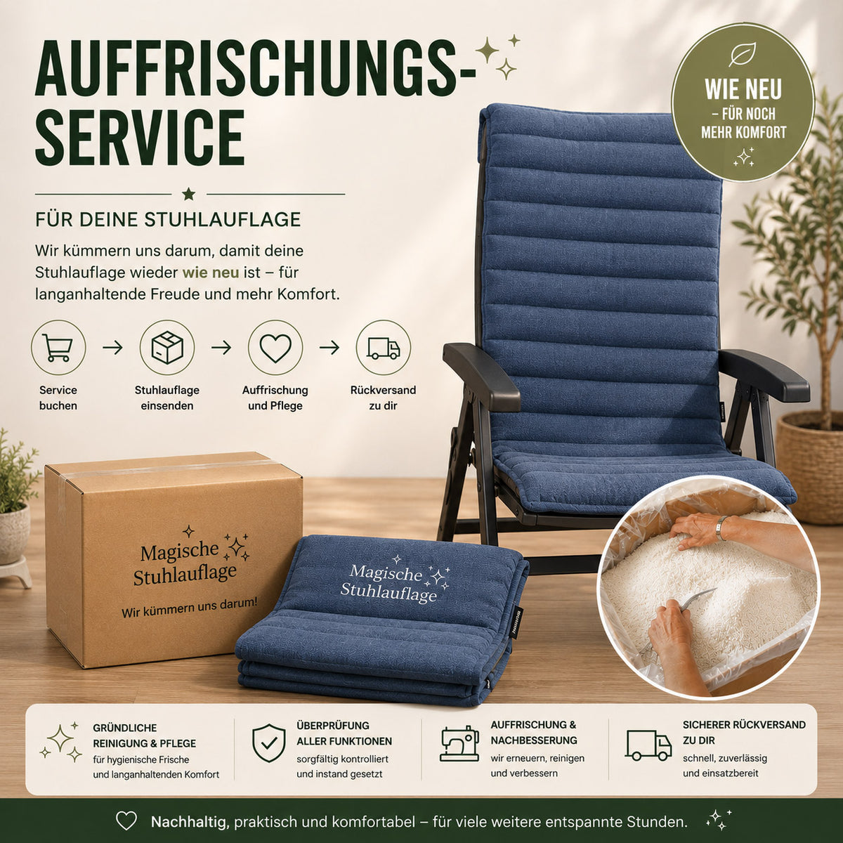Auffrischungs-Service für Magische Stuhlauflagen mit Nachfüllung und neuem Gummizug