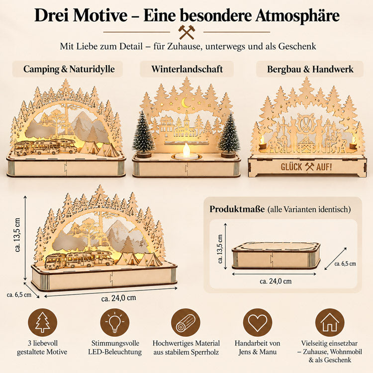Handgefertigter LED-Lichtaufsteller aus Holz – 3 Motive
